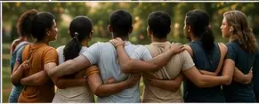 Multicultural group embracing in support